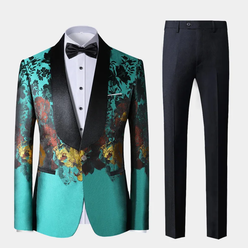 

2021 Green (Men's) Pattern Suit Green Collar Stage Performance Banquet Host Formal Dress Suit Two Pieces