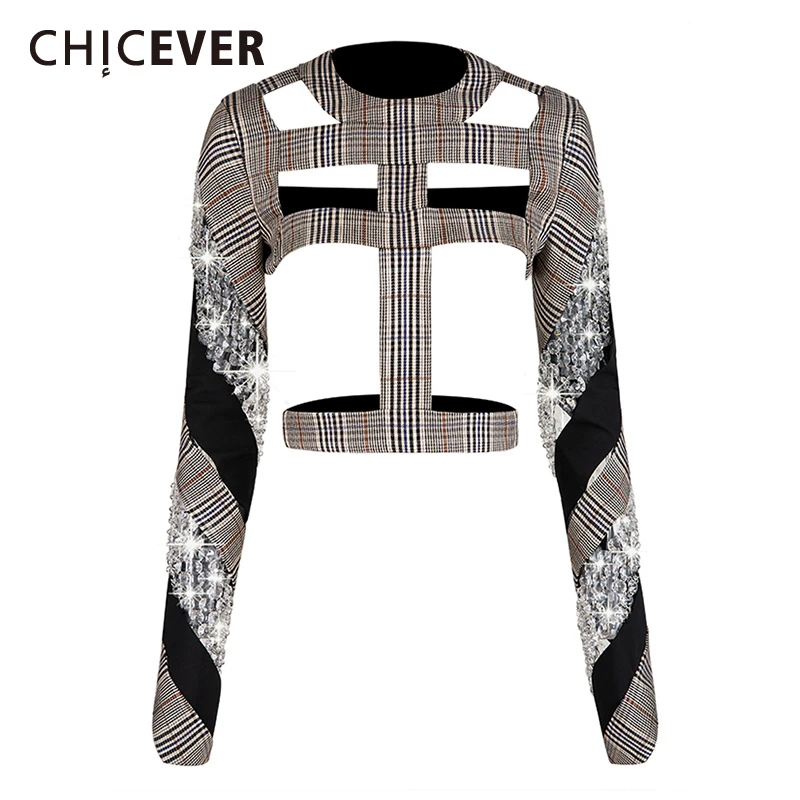 CHICEVER Корейская женская клетчатая футболка с выдалбливающимися бриллиантами