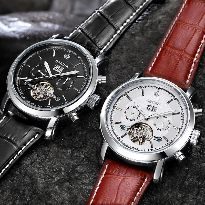 Мужские автоматические механические часы с ремешком из натуральной кожи |