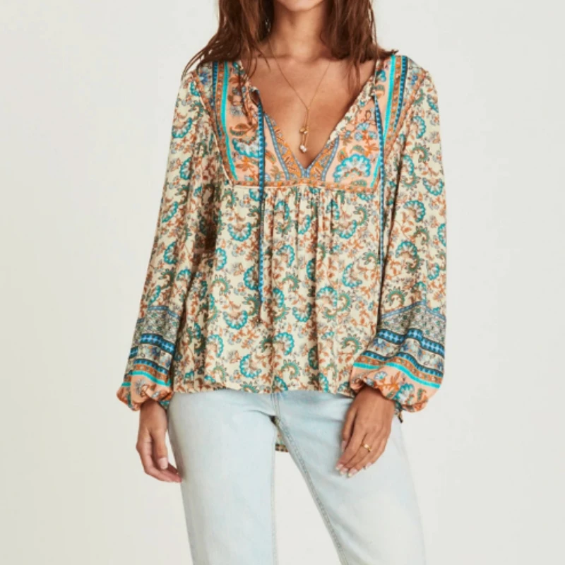 Женские топы Boho винтажные свободные блузки с цветочным принтом женские пляжные