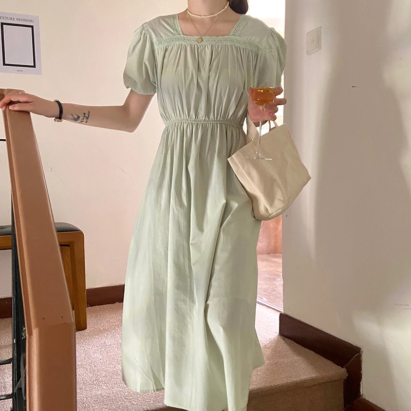 

Hzirip 2021 Summer New Korean Lace Square Collar Dress Chic Office Lady Solid Casual Gentle Puff Sleeve Dress Fashion Elegant