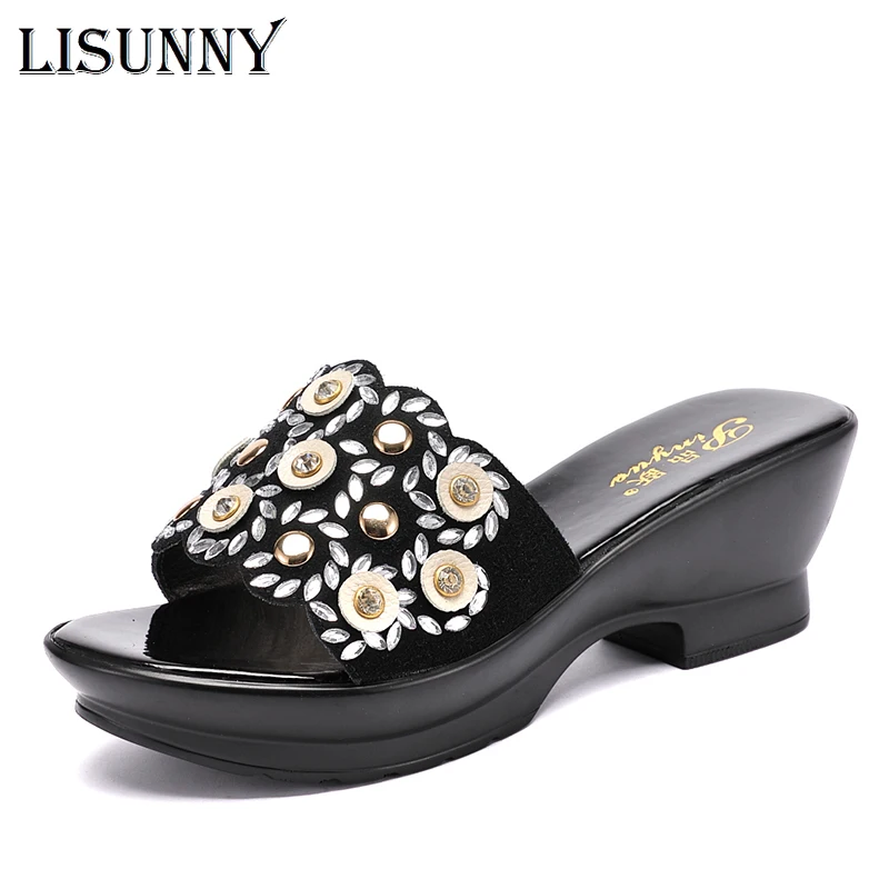 

Женские шлепанцы LISUNNY, летние туфли на танкетке, стразы, кожа, 2020