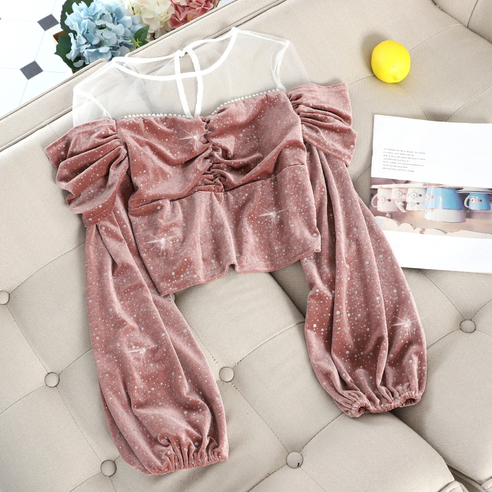 High waist slim short pleated snowflake wave point blouse light temperament mesh stitching lantern sleeve | Женская одежда