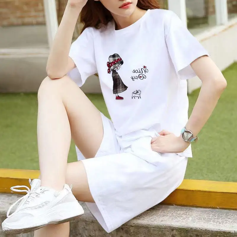 

100% Cotton Women’s Wear Summer Women's Casual Suit Short Sleeve T Shirt And Loose Shorts Sportswear Two-Piece Set Harajuku Tees