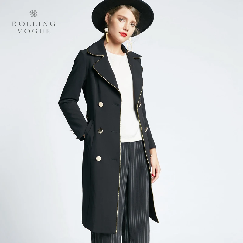 Новый длинный черный с золотой линией модный Женский Тренч Роскошная элегантная