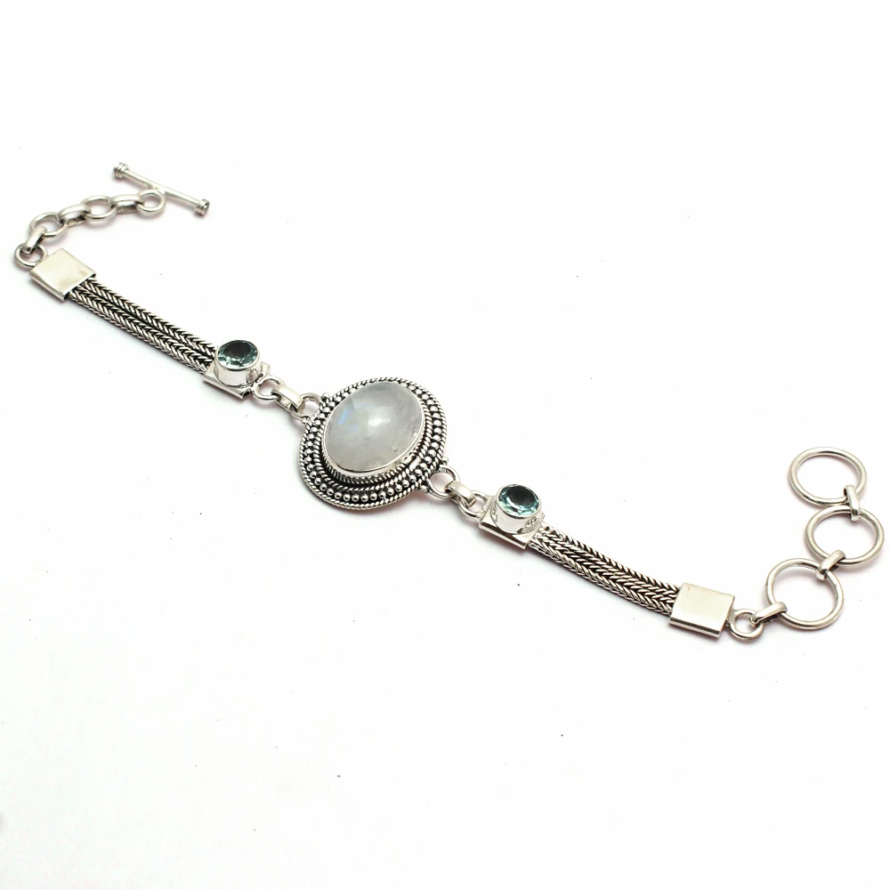 Натуральная радуги лунный камень + голубой топаз браслет 925 стерлингового