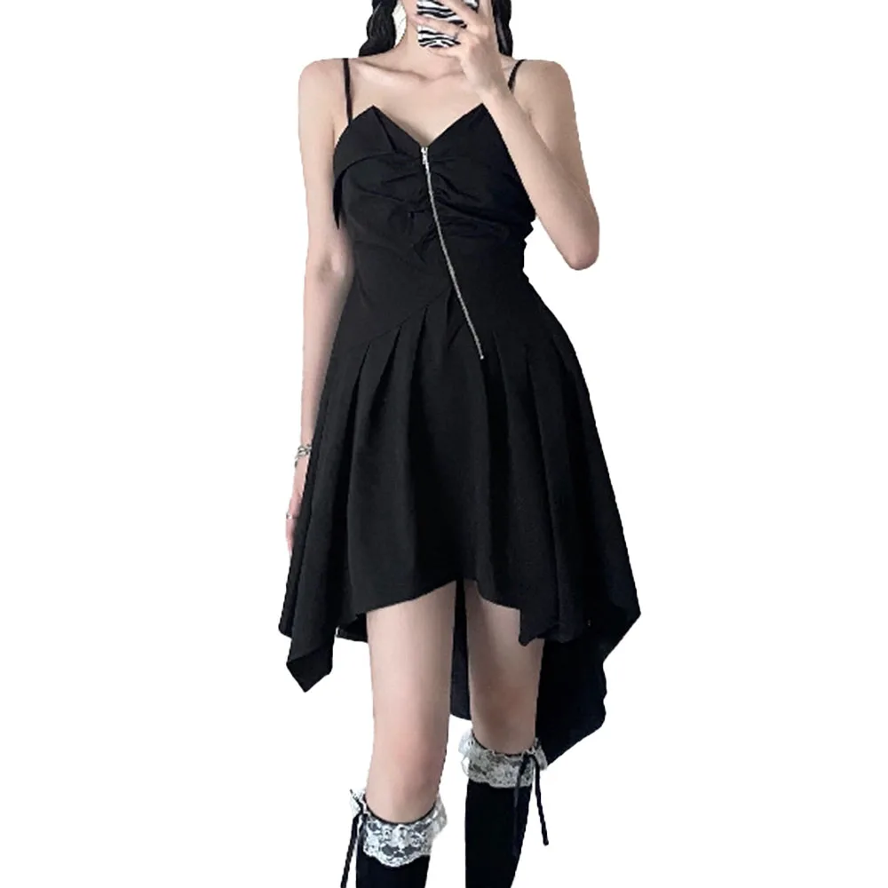 

New 2021 Fashion High Street Irregular Gather Zipper Solid Color V-neck Women Summer Dress Draw Back Thin High Waist