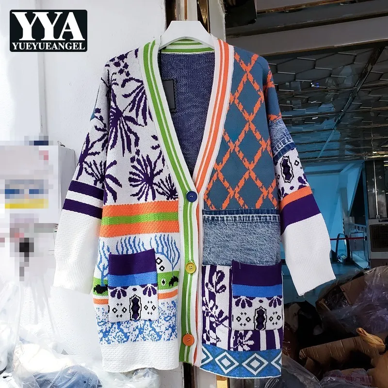 

Autumn Winter Female Fashion Denim Patchwork Contrast Color Single-Breasted V-Neck Loose Knitting Cardigan Sweater Jacket Women