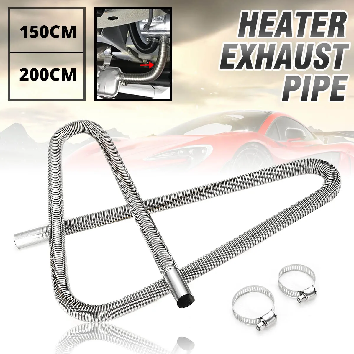 

150/200cm Air Parking Heater Exhaust Pipe For Diesel Heater with 2 Clamps Stainless Steel Fuel Tank Exhaust Pipe Hose Tube