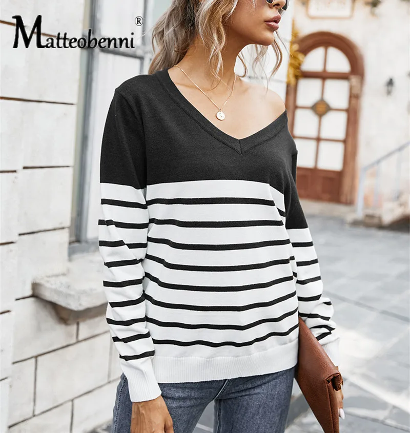 

2020 New Women Autumn Long Sleeve Sweater Loose Stripe Patchwork V-neck Sweater Winter Pullover Sexy Tops S-XL Female top Jumper