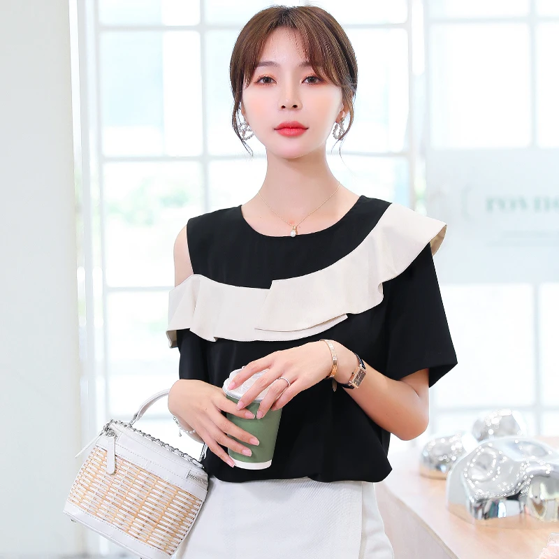 

Korean Fashion Clothing Blusas Mujer De Moda 2021 Blouse Women Short Sleeve Ruffles Tops Summer Chiffon Blouse Femme 9809