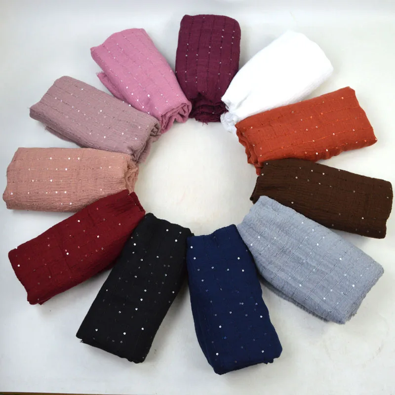 

G12 10pcs Nice Popular Glitter Squins Crinkle Cotton Viscose Scarf Women Winter Warm Wrap Plain Muslim Hijab Shawls Scarves