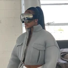 Из сетчатой ткани в клетку на весну-осень для женщин Трендовое пальто с высоким, плотно облегающим шею воротником, на молнии, карман укороченный жакет сплошной тонкий шнурок, женская верхняя одежда, Лидер продаж