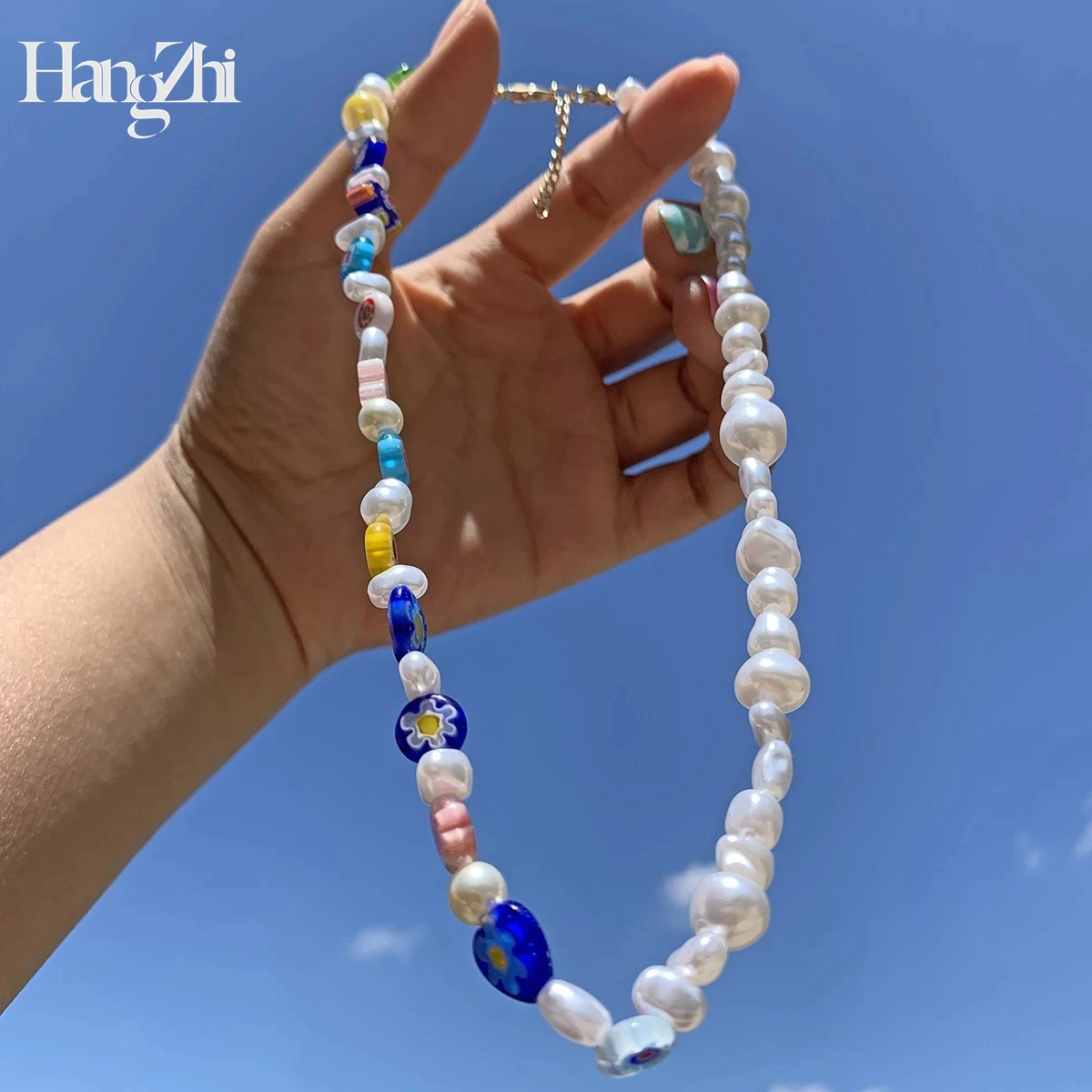 

New Korean Summer Colorful Glass Bead Imitation Pearl Flower Mushroom Lemon Necklace HANGZHI 2021 for Women Party Jewelry
