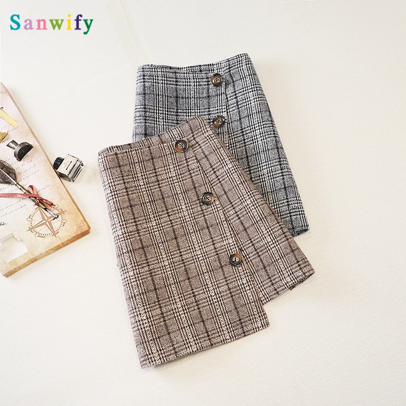 

2020 autumn and winter New plaid woolen skirt high waist irregular A- line dress-breasted sheath skirt skirt Black
