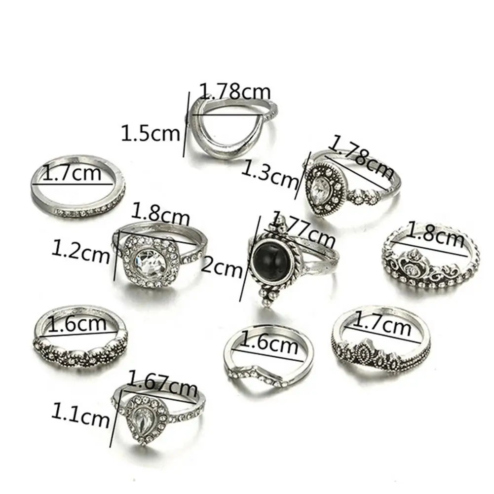 

10Pcs Ring Sets Bohemian Vintage Silver Crystal Stack Rings Jewelry Gifts For Women Teens Girls
