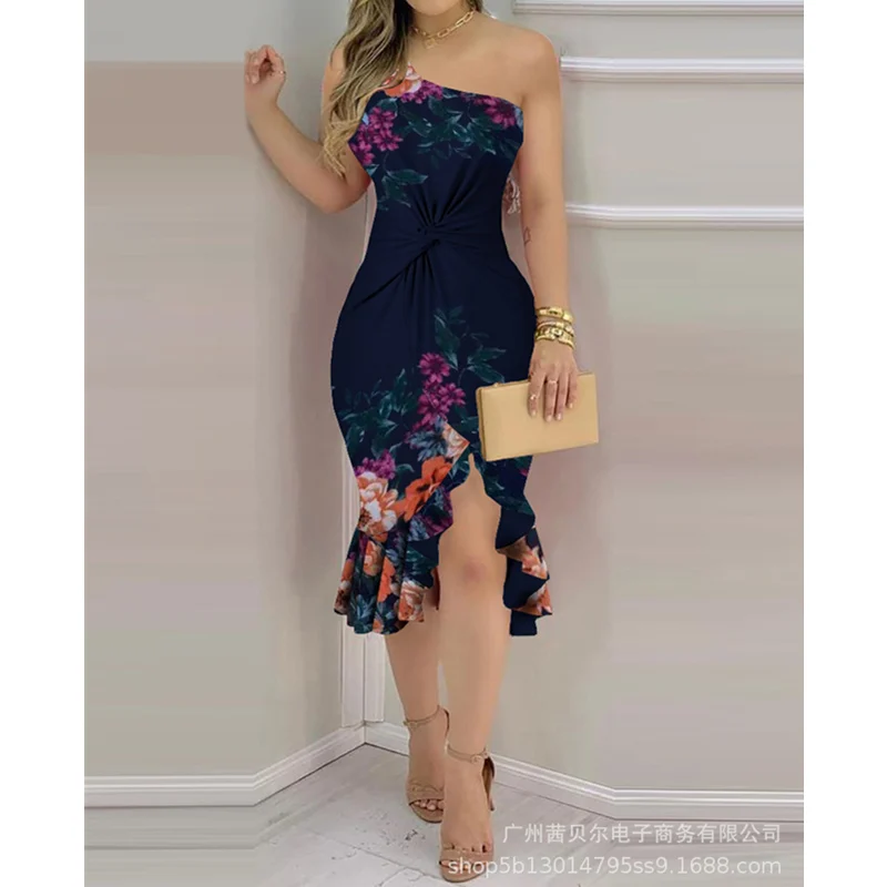 

Mandylandy Women's Elegant Floral Print Ruffle Bodycon Dress Lady Sexy Fashion One Shoulder High Waist Corset Skinny Party Dress
