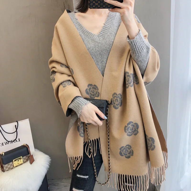 Женский шарф нового типа с цветком камелии имитация кашемира на осень и зиму of2019