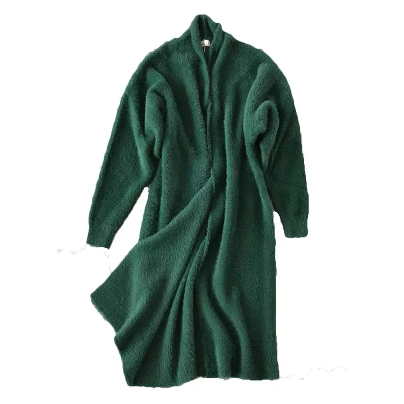 Dark green Осенне-зимний офисный Женский мягкий шерстяной вязаный свитер с v-образным вырезом, толстый теплый длинный женский кардиган, пальто, свободные свитера, верхняя одежда - Цвет: Dark green