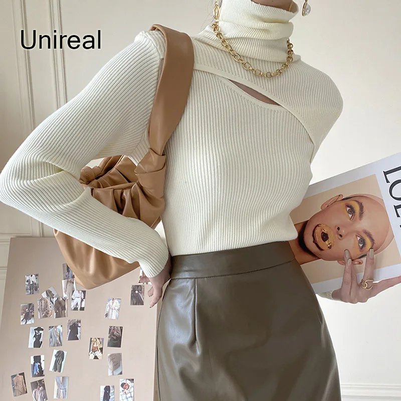 

Unireal 2022 Autumn Winter Women Knitted Pullover Casual Female Jumpers Pull Femme Hollow Out White Sexy Turtleneck Sweater