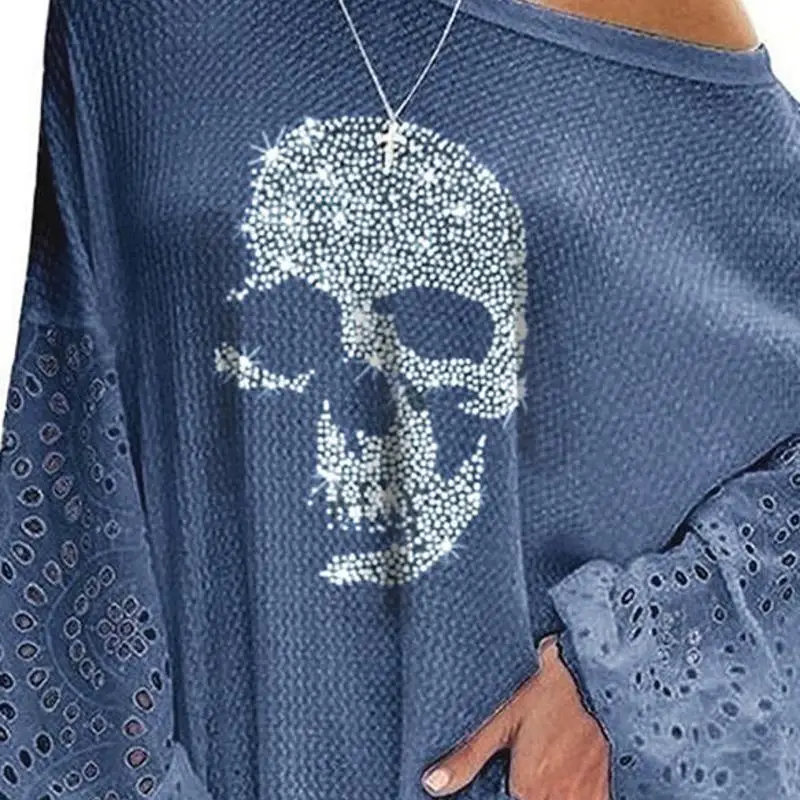 

2021 Spring Casual Black Women Tshirt Long Sleeve Loose Punk Style Skull Print Lace Patchwork Ladies Tops Harajuku Clothing
