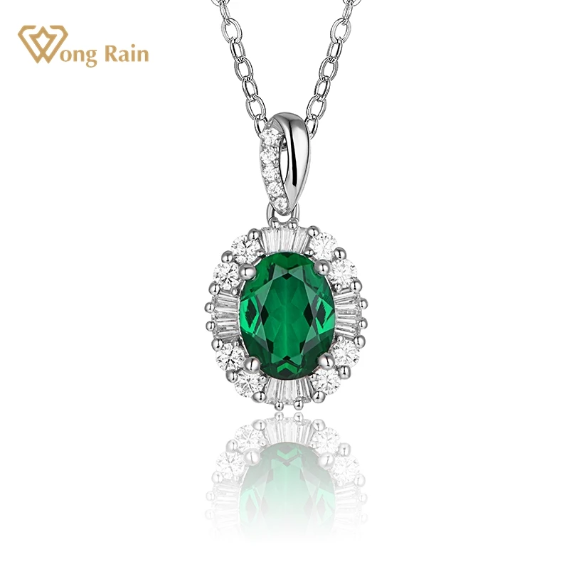 

Wong Rain 925 Sterling Silver Emerald Created Moissanite Diamonds Gemstone Oval Cut Pendant Necklace Engagement Fine Jewelry