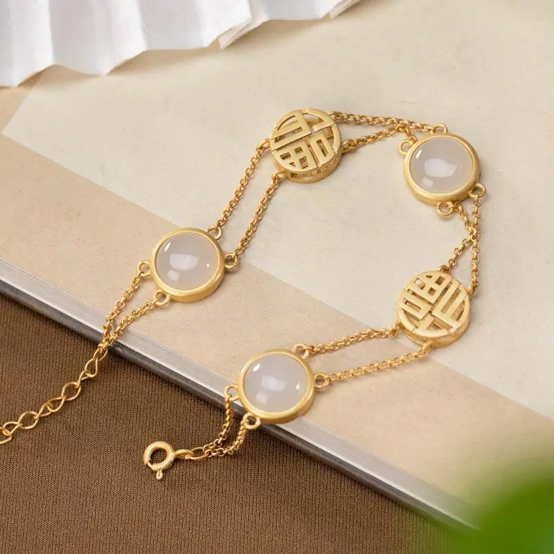 

Houde Blessing Hetian Jade White Jade Peace Buckle Inlaid Gold-Plated Women's Lucky Bracelet Bracelet New S925 Sterling Silver