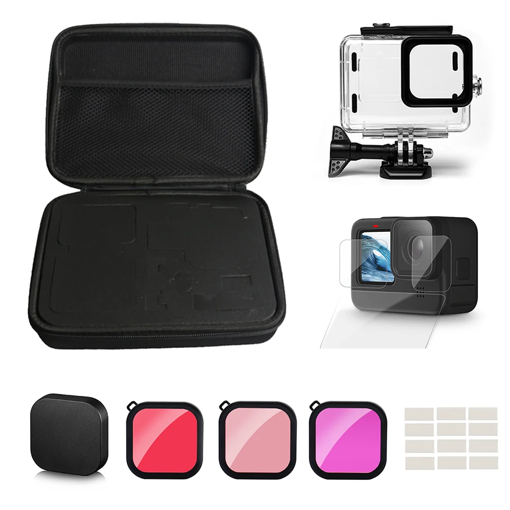 

For GoPro Hero 9 Black Waterproof Case 50M Tempered Glass Diving Housing Protective Cover Lens Filter Film Storage Bag Accessory