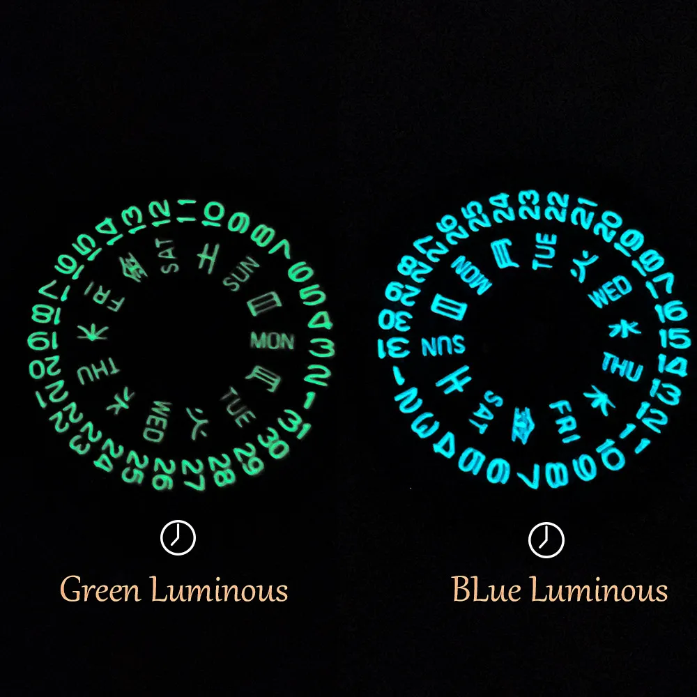 Blue Green Luminous NH36/NH36A SEIKO Japan Movement Self-Winding Date/Day Watch Replacements Part Crown at 3 Luminous enlarge
