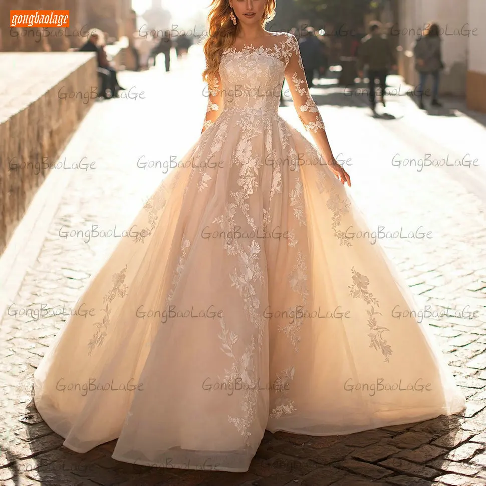 

Bohemian Beige Wedding Dress 3/4 Sleeves 2021 Robe De MariÃ©e Lace Up Appliques Country Bridal Gowns Women Boho Vestidos De Noiva