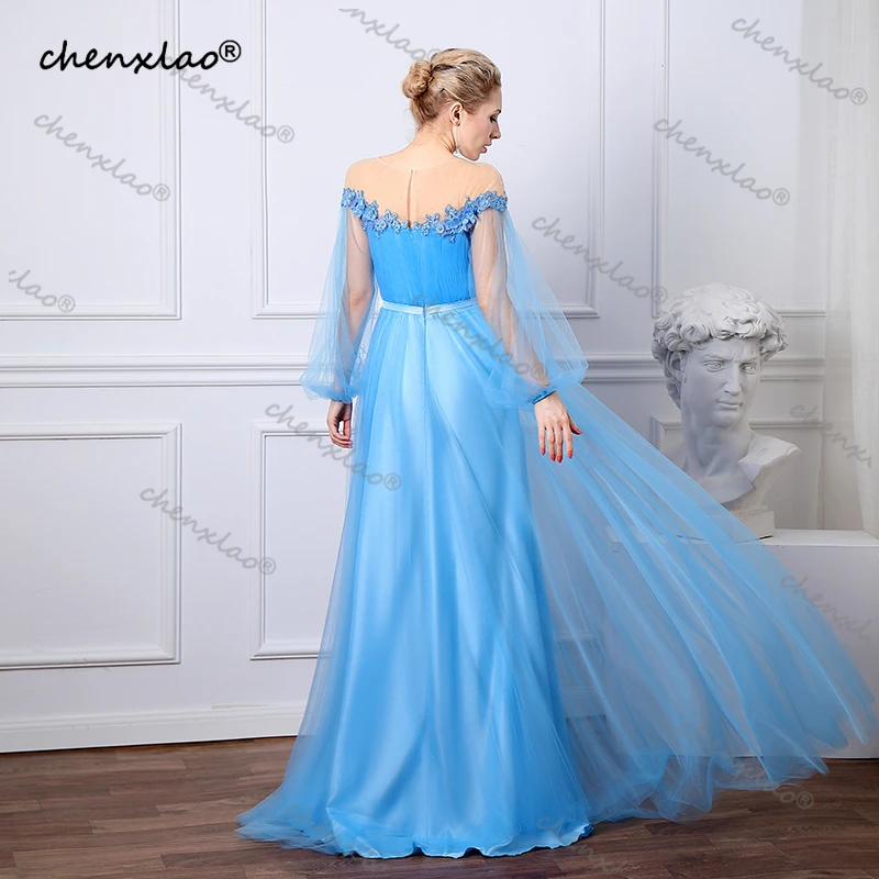 

Chenxiao Blue Real Photos Long Puff Sleeves Evening Dress Satin Tulle High Split Prom Gowns 3D Flowers Women Party Dresses 2022
