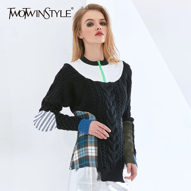 

TWOTWINSTYLE Patchwork Plaid Sweater For Women Turtleneck Puff Long Sleeve Casual Tunic Knitted Tops Female 2020 Fashion Clothes