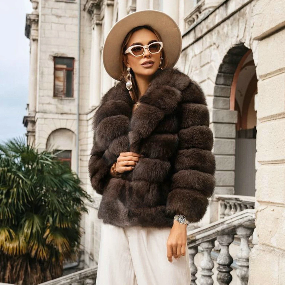 Luxury Women Natural Fox Fur Jacket with Turn-down Collar Fashion Dark Sable Color Genuine Full Pelt Fox Fur Coat Short Outwear enlarge