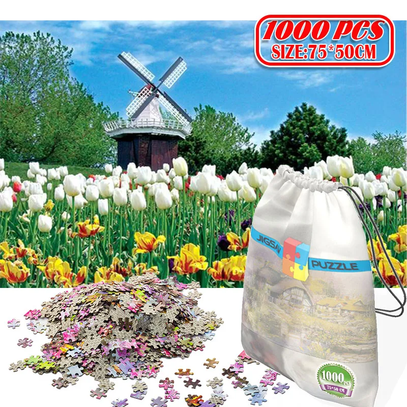 

3D Paper Jigsaw Puzzle 1000pcs wooden toys puzzles for adults Educational Toys Decoration Stickers Dutch Windmill Tulip Flowers