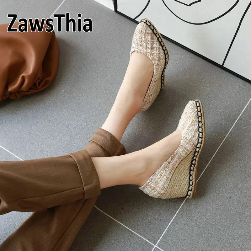 Женские туфли эспадрильи в клетку на танкетке без застежки|Женские туфли| |