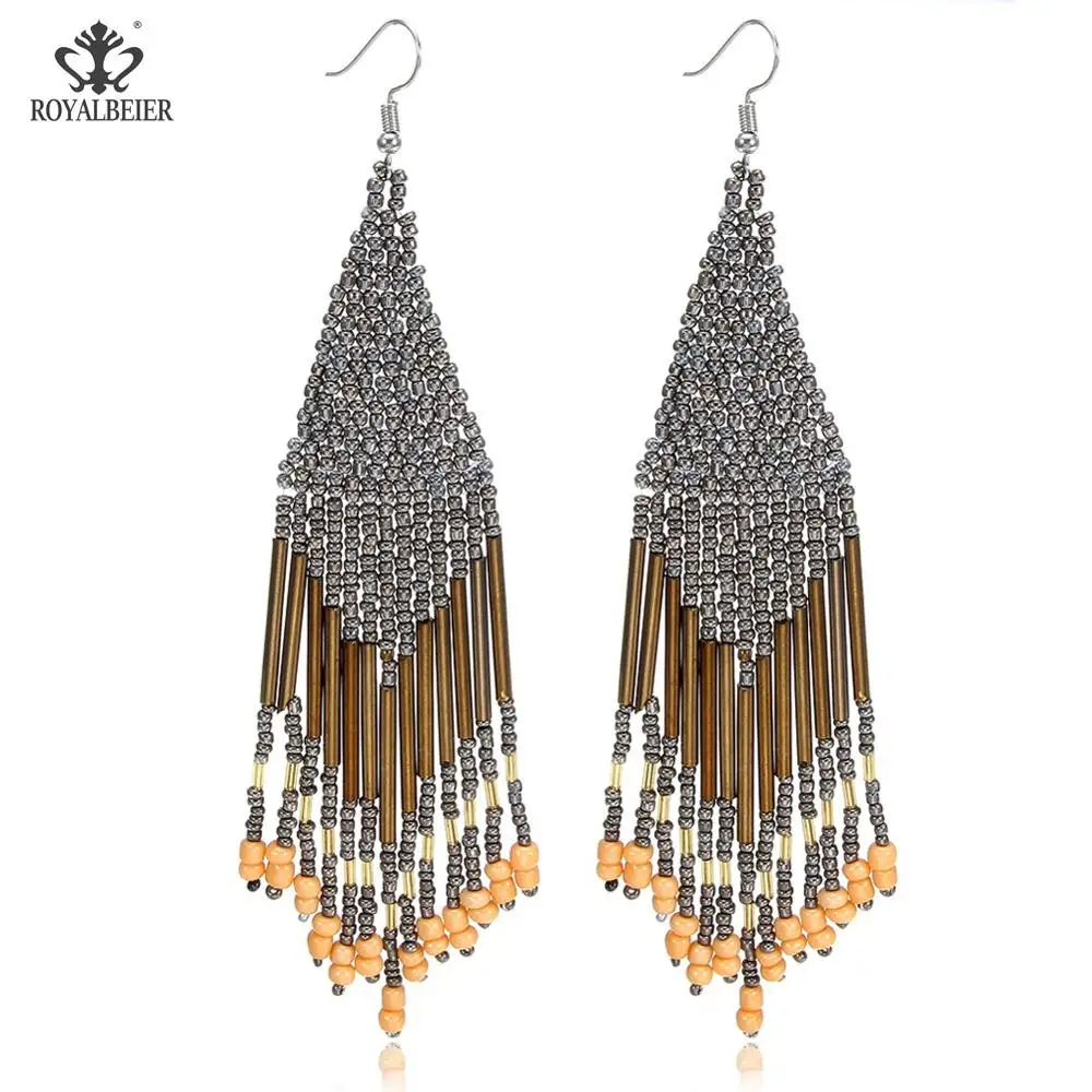 Bohemian earrings13 ROYALBEIER богемные длинные кисточки акриловые перо форма бисера Кулон Серьги Свадебная вечеринка очаровательные ювелирные изделия серьги - Окраска металла: Bohemian earrings13