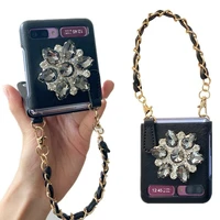 fashion diy bling diamond flower stand holder portable chain leather handbag case cover for samsung galaxy z flip 3 2 5g
