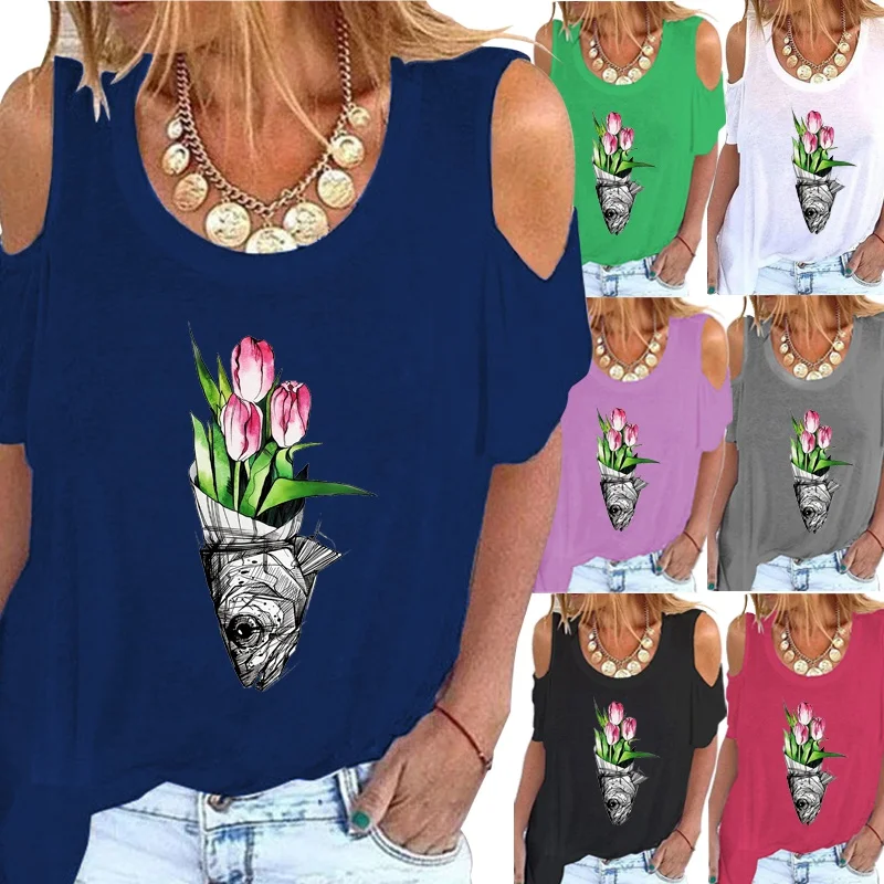 Женская свободная футболка с коротким рукавом круглым вырезом и открытыми