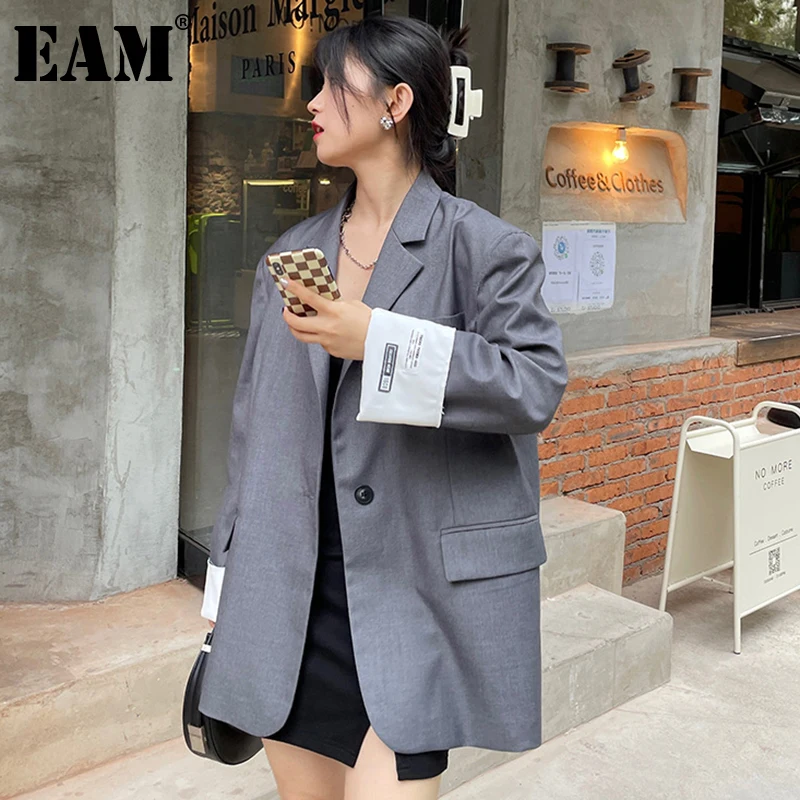 

[EAM] Women Gray Patch Big Size Casual Blazer New Lapel Long Sleeve Loose Fit Jacket Fashion Tide Spring Autumn 2021 1DE2279
