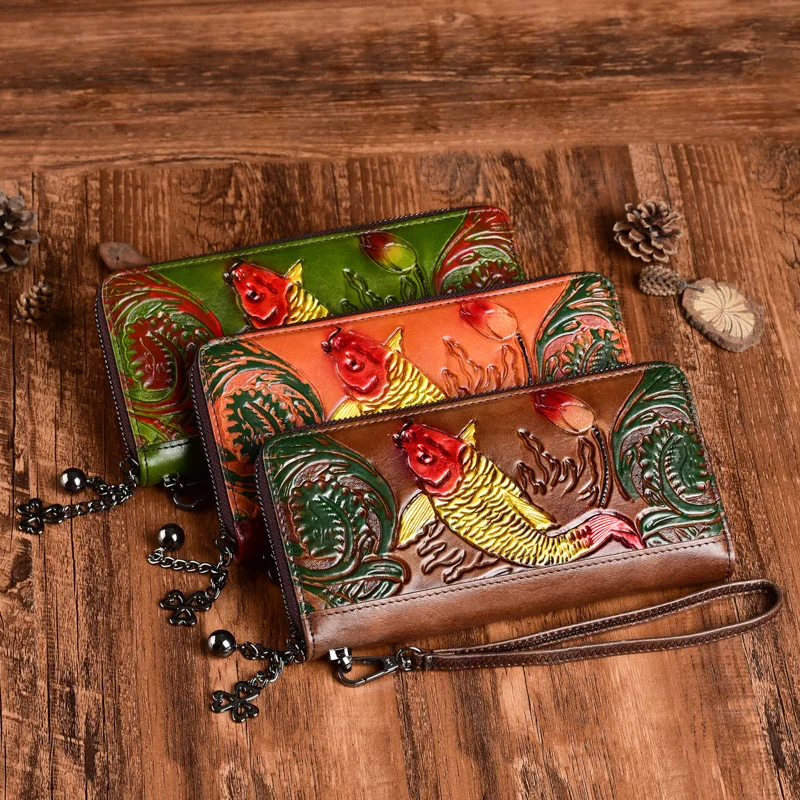

2021 Vintage cowhide embossed women's purse long handbag pure hand coloring