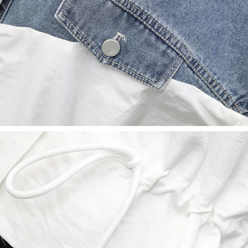 

#3340 Casual Denim Jacket Women Spliced Color Harajuku Denim Coat Single Breasted Jeans Jacket Femme Lapel Collar Embroidery