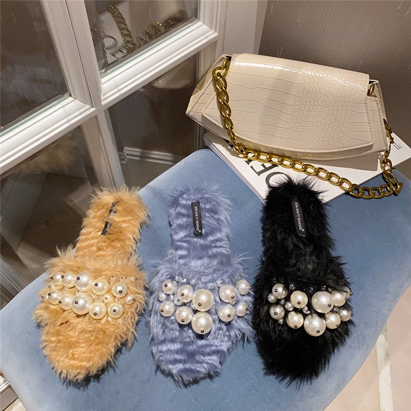 Женские меховые шлепанцы на плоской подошве модные цвета хаки черного синего с