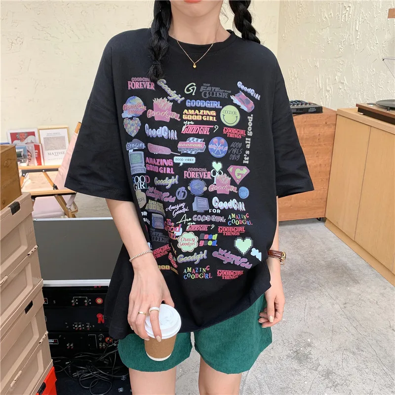 

Retro Cute Graphic Printed T Shirts Women Loose Cotton Tshirts 2021 Summer New Japanese Harajuku Teens Girls Plus Size Tees Tops