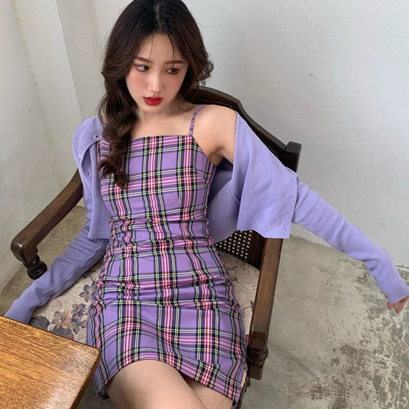 

Jlong Women Bottoming Dresse Bodycon Vintage Plaid Wild Slim Vestido Thin Shoulder Strap Dress