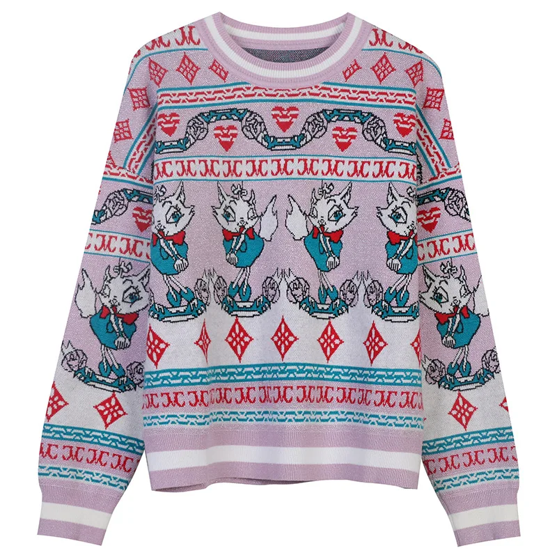 

New Collection Womens Winter Sweaters 2021 O-Neck Cartoon Striped Loose Knitted Pullover Sweater for Women
