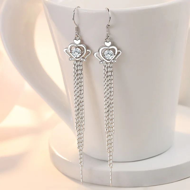 

KOFSAC Fashion 925 Sterling Silver Earrings For Women Temperament Sweet Long Tassel Crown Ear Jewelry Lady Wedding Accessories