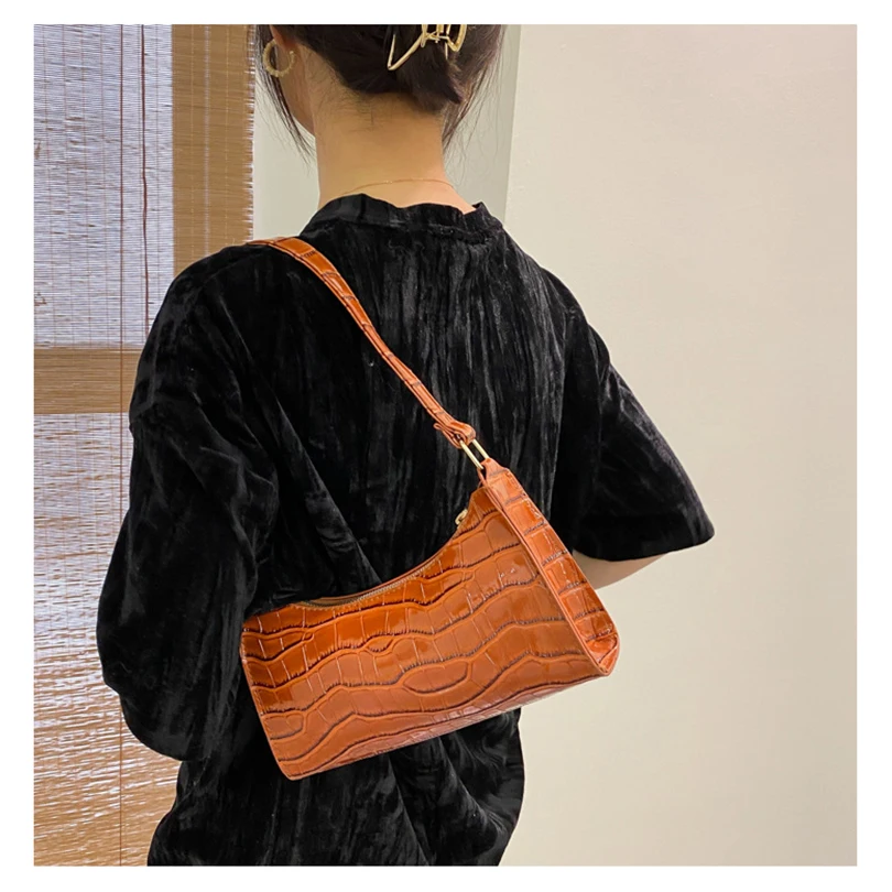 

2021 New Fashion Alligator Leather Baguette Bag Lady Shoulder Messenger Bags Women Leather Handbags Luxury Brand Crossbody Totes