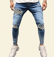 new fashion mens jeans spliced ripped denim pants pencil jeans slim patch biker jeans plaid paster jogging movement pants