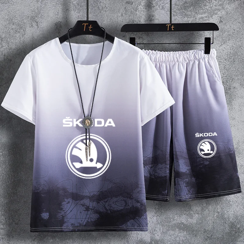 

Summer Men's suits Skoda Car logo Printed high quality Cotton Fashion Casual Men's short sleeve+shorts 2-piece set