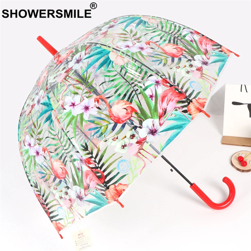 SHOWERSMILE прозрачный дождевой Зонт Прозрачный женский зеленый прозрачный зонтик с принтом Фламинго висящий зонтик с длинной ручкой Apollo